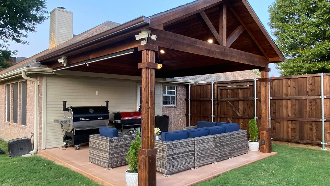 Outdoor cedar patio with living area.